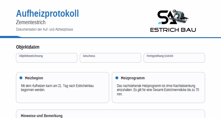 Beispiel: Aufheizprotokoll für Estrich auf Fußbodenheizung